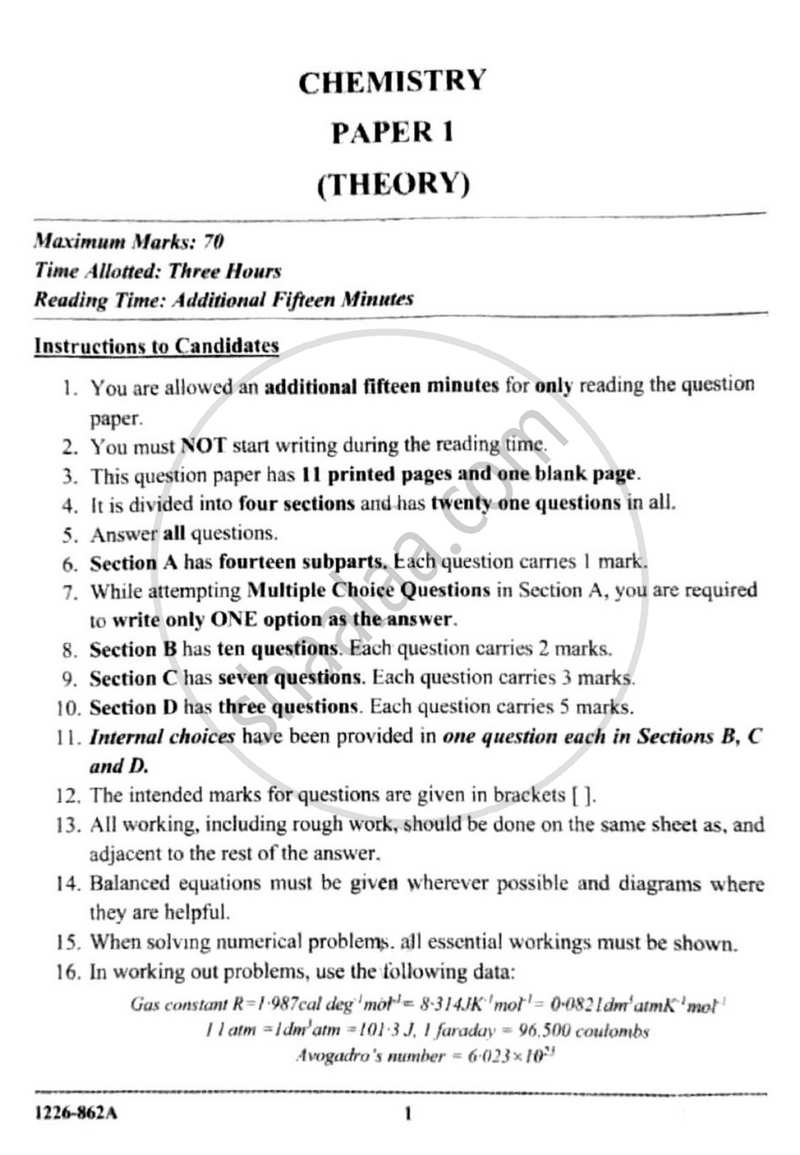 Chemistry (Theory) 2025-2026 - I.S.C. - ISC Class 12 - CISCE (Council for the Indian School Certificate Examinations) question paper with PDF download