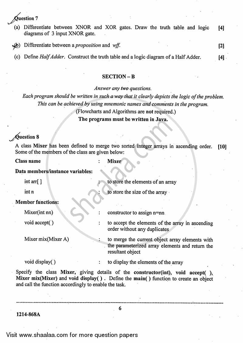 Computer Science (Theory) 2013-2014 - I.S.C. - Class 12 - CISCE (Council for the Indian School Certificate Examinations) question paper with PDF download