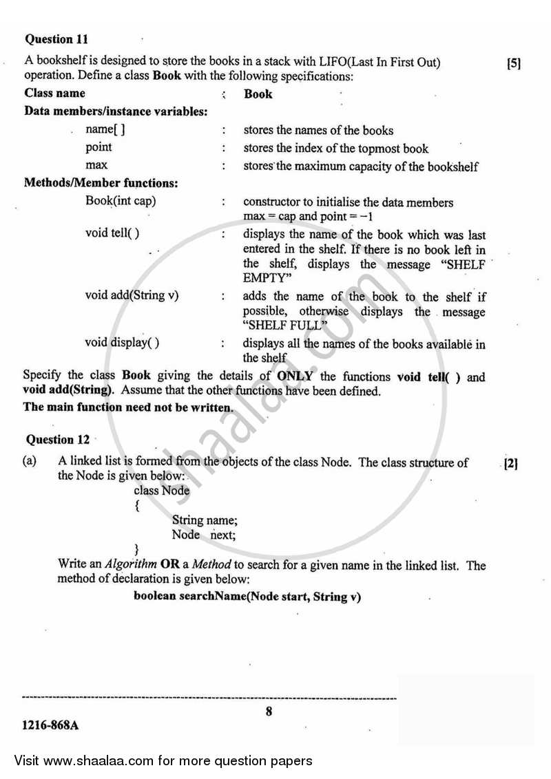 Computer Science (Theory) 2015-2016 - I.S.C. - Class 12 - CISCE (Council for the Indian School Certificate Examinations) question paper with PDF download