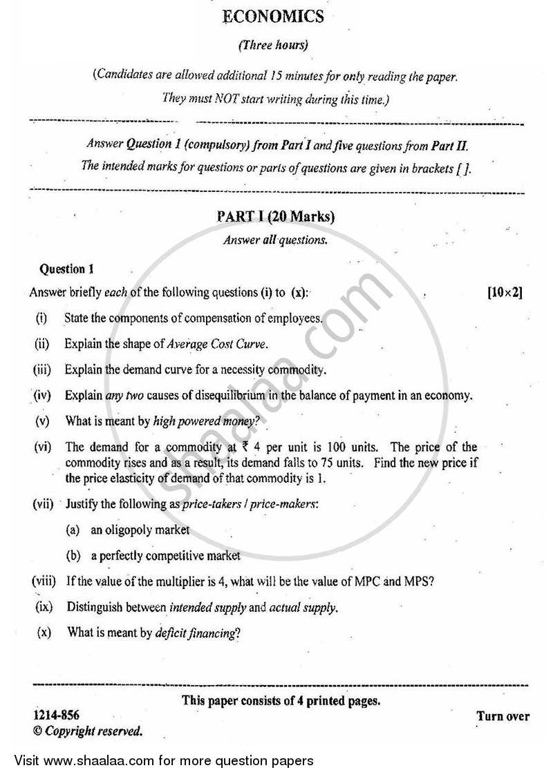 Economics 2013-2014 - I.S.C. - Class 12 - CISCE (Council for the Indian School Certificate Examinations) question paper with PDF download