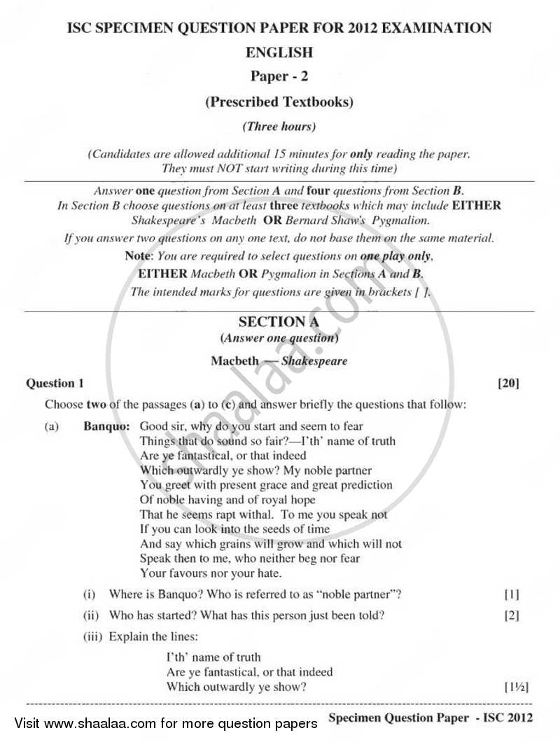 Elective English 2011-2012 - I.S.C. - Class 12 - CISCE (Council for the Indian School Certificate Examinations) question paper with PDF download