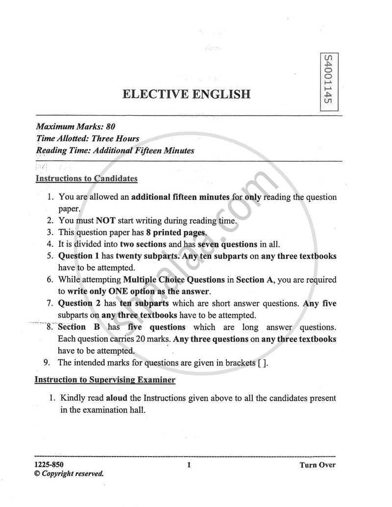 Elective English 2024-2025 - I.S.C. - Class 12 - CISCE (Council for the Indian School Certificate Examinations) question paper with PDF download