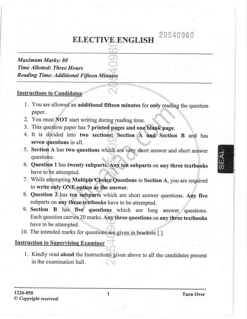 Elective English 2025-2026 - I.S.C. - Class 12 - CISCE (Council for the Indian School Certificate Examinations) question paper with PDF download