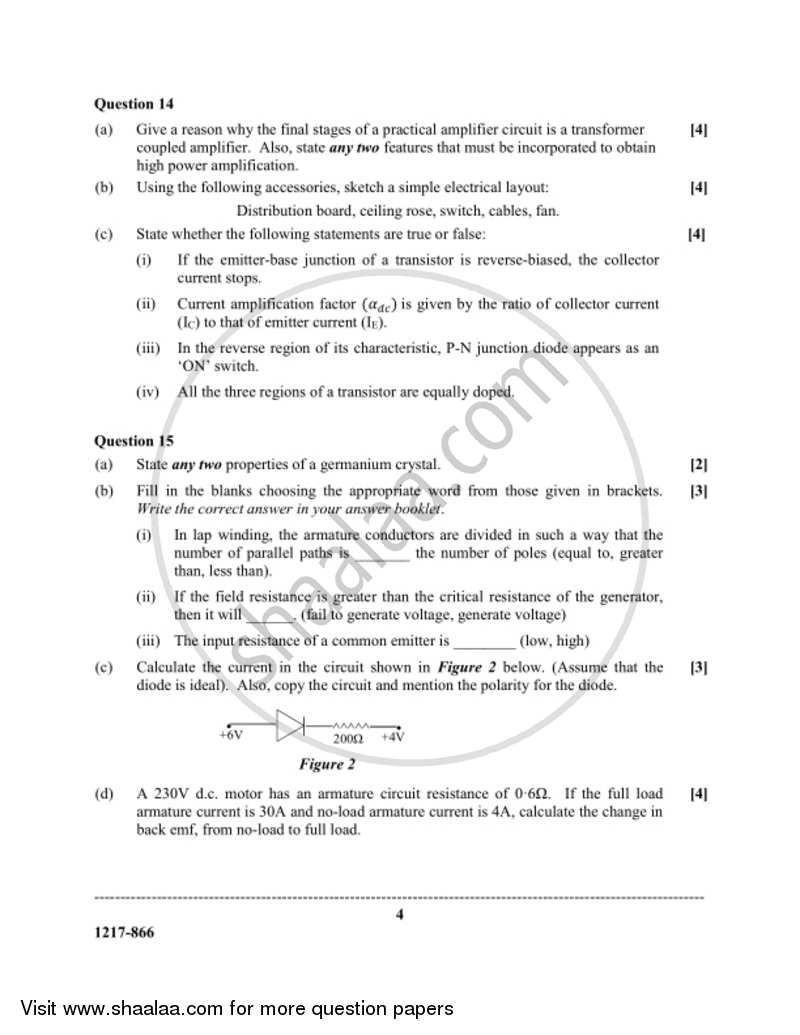 Electricity and Electronics 2016-2017 - I.S.C. - Class 12 - CISCE (Council for the Indian School Certificate Examinations) question paper with PDF download