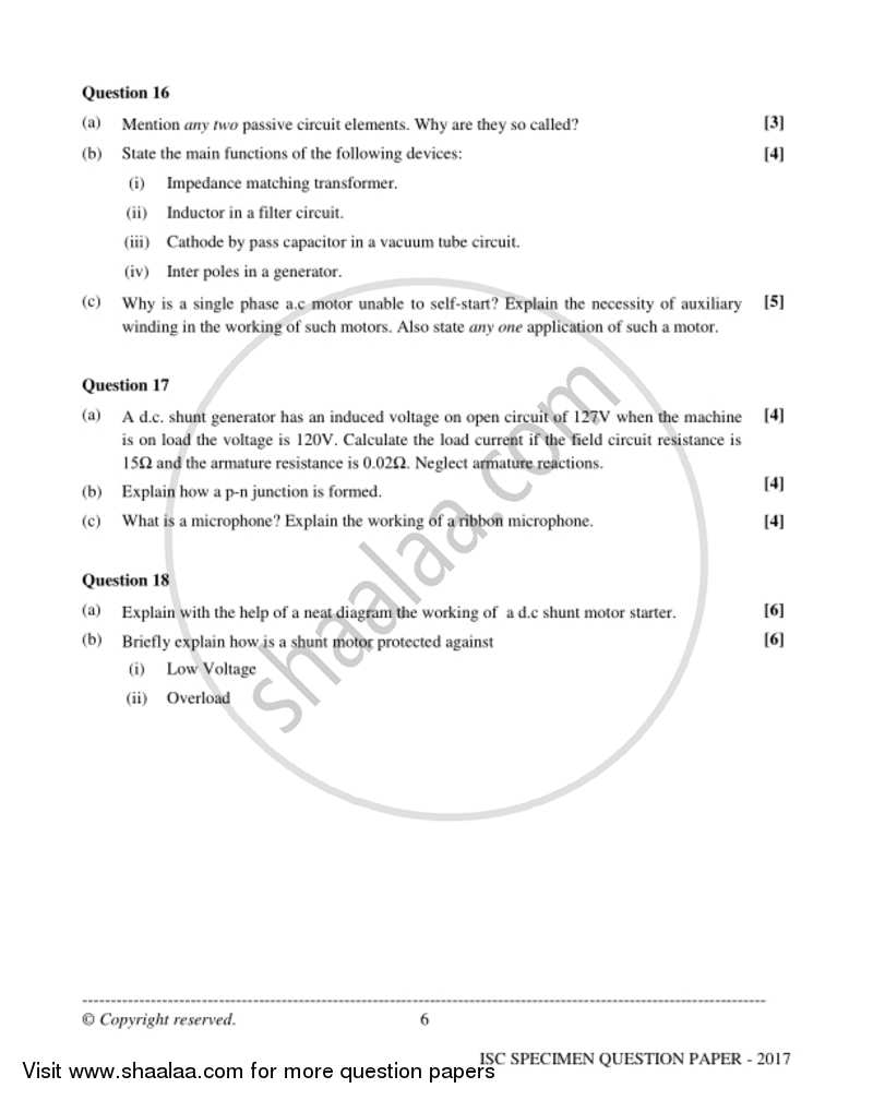 Electricity and Electronics 2016-2017 - I.S.C. - Class 12 - CISCE (Council for the Indian School Certificate Examinations) question paper with PDF download
