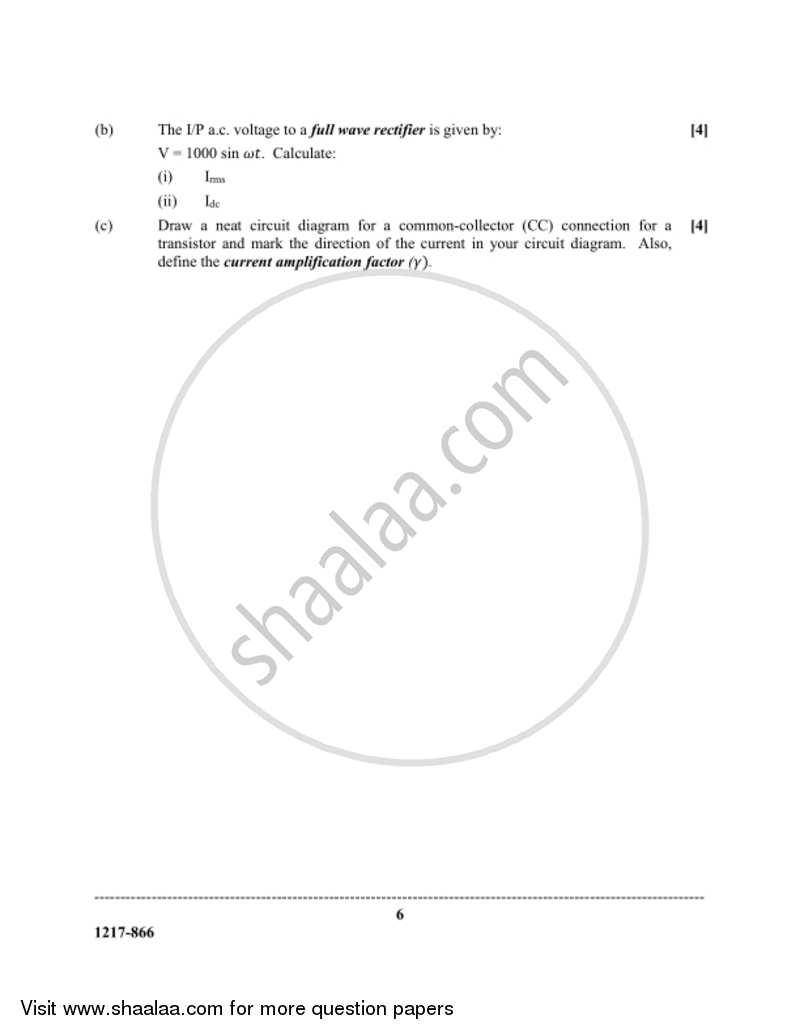 Electricity and Electronics 2016-2017 - I.S.C. - Class 12 - CISCE (Council for the Indian School Certificate Examinations) question paper with PDF download