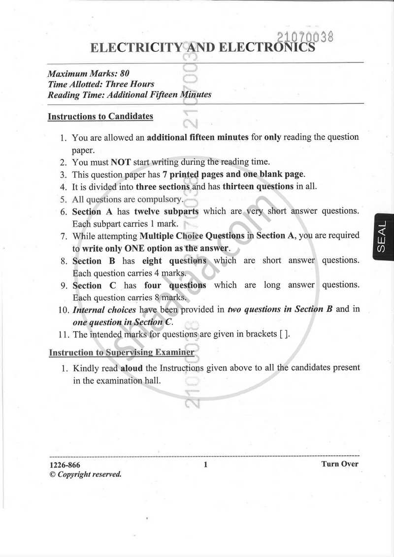 Electricity and Electronics 2025-2026 - I.S.C. - ISC Class 12 - CISCE (Council for the Indian School Certificate Examinations) question paper with PDF download