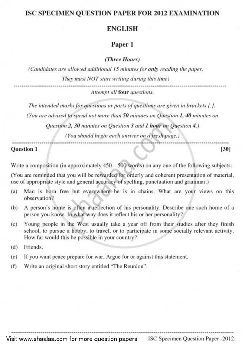 English Language 2011-2012 - I.S.C. - Class 12 - CISCE (Council for the Indian School Certificate Examinations) question paper with PDF download