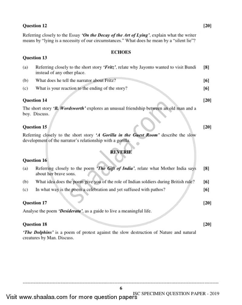 English Literature 2018-2019 - I.S.C. - Class 12 - CISCE (Council for the Indian School Certificate Examinations) question paper with PDF download