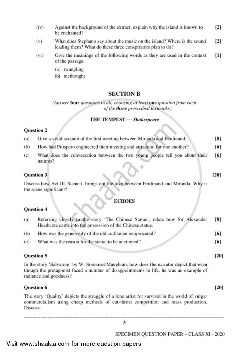 English (Literature in English) 2019-2020 - I.S.C. - Class 11 - CISCE (Council for the Indian School Certificate Examinations) question paper with PDF download