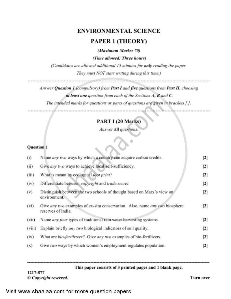 Environmental Science (Theory) 2016-2017 - I.S.C. - Class 12 - CISCE (Council for the Indian School Certificate Examinations) question paper with PDF download