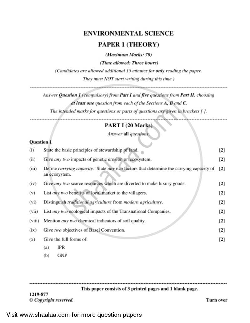Environmental Science (Theory) 2018-2019 - I.S.C. - Class 12 - CISCE (Council for the Indian School Certificate Examinations) question paper with PDF download