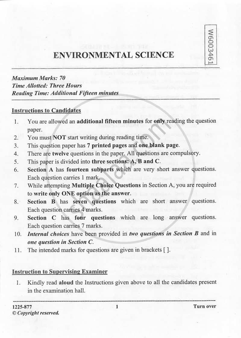 Environmental Science (Theory) 2024-2025 - I.S.C. - Class 12 - CISCE (Council for the Indian School Certificate Examinations) question paper with PDF download