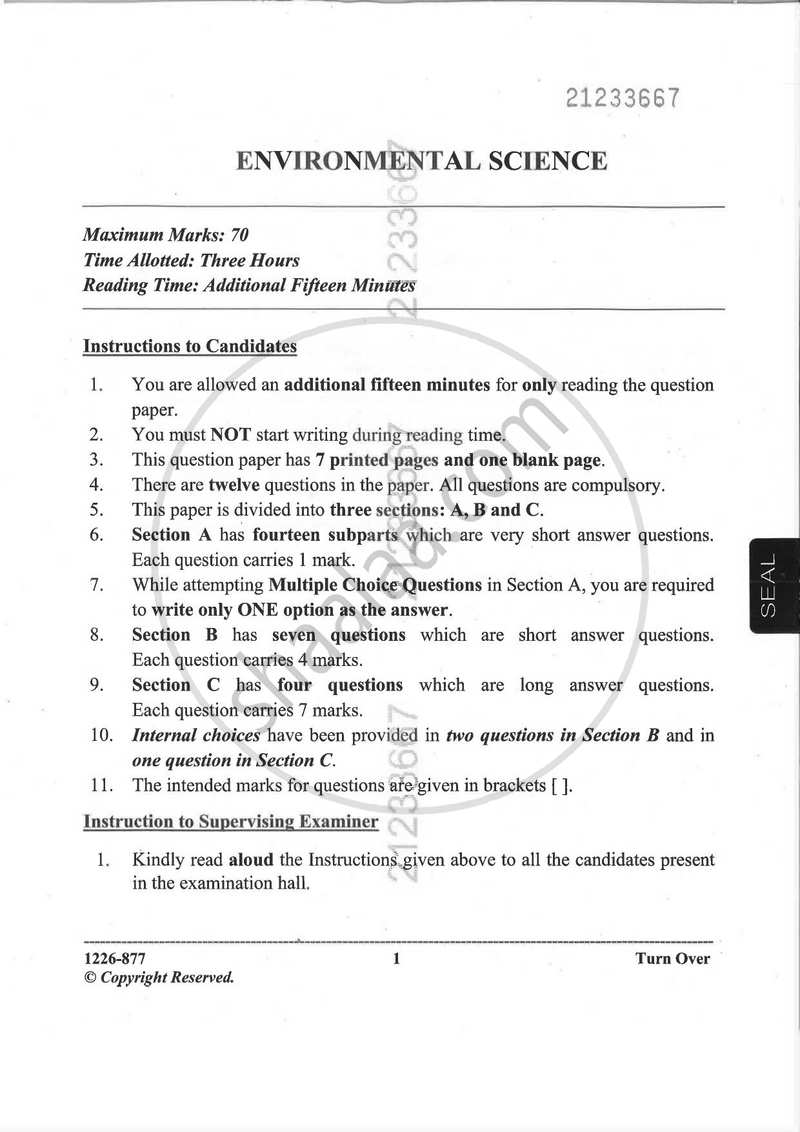 Environmental Science (Theory) 2025-2026 - I.S.C. - Class 12 - CISCE (Council for the Indian School Certificate Examinations) question paper with PDF download