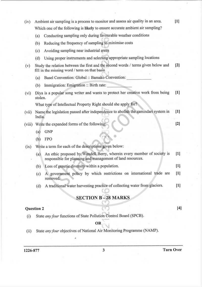 Environmental Science (Theory) 2025-2026 - I.S.C. - Class 12 - CISCE (Council for the Indian School Certificate Examinations) question paper with PDF download