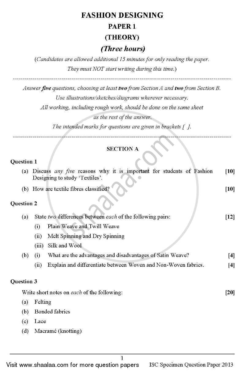 Fashion Designing (Theory) 2012-2013 - I.S.C. - Class 12 - CISCE (Council for the Indian School Certificate Examinations) question paper with PDF download
