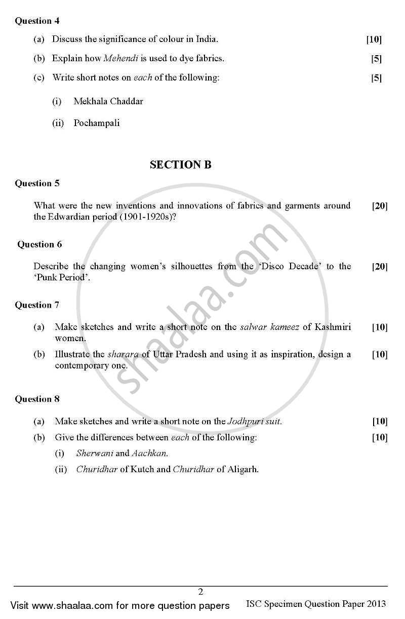Fashion Designing (Theory) 2012-2013 - I.S.C. - Class 12 - CISCE (Council for the Indian School Certificate Examinations) question paper with PDF download