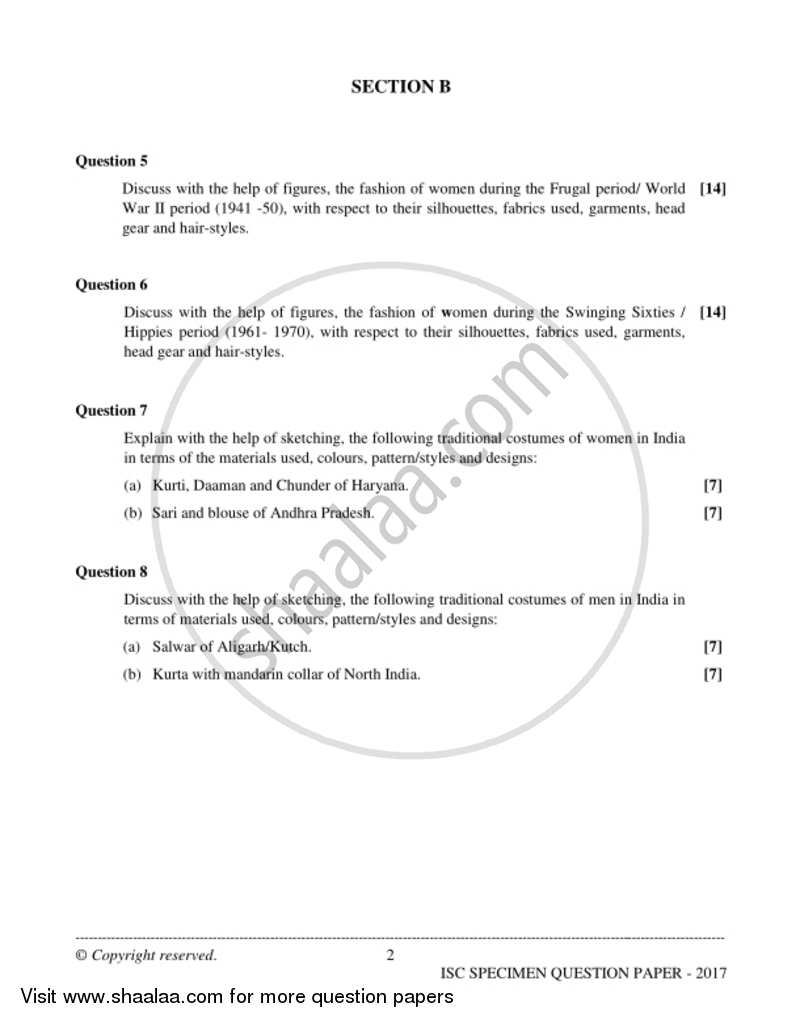 Fashion Designing (Theory) 2016-2017 - I.S.C. - Class 12 - CISCE (Council for the Indian School Certificate Examinations) question paper with PDF download