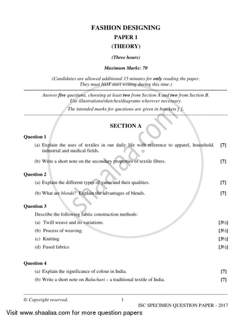 Fashion Designing (Theory) 2016-2017 - I.S.C. - Class 12 - CISCE (Council for the Indian School Certificate Examinations) question paper with PDF download