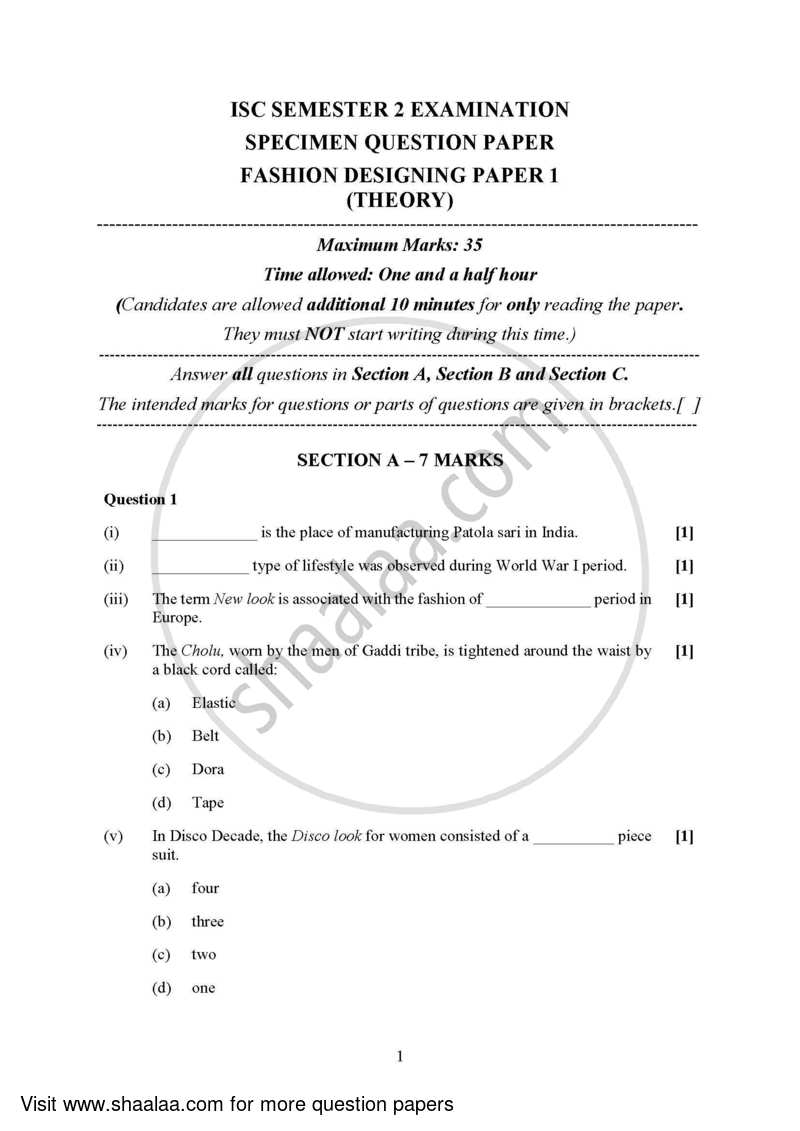 Fashion Designing (Theory) 2021-2022 - I.S.C. - Class 12 - CISCE (Council for the Indian School Certificate Examinations) question paper with PDF download