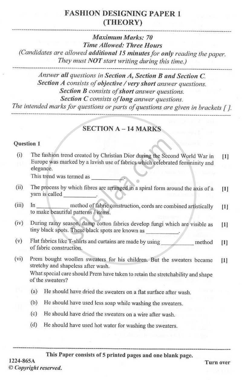 Fashion Designing (Theory) 2023-2024 - I.S.C. - Class 12 - CISCE (Council for the Indian School Certificate Examinations) question paper with PDF download