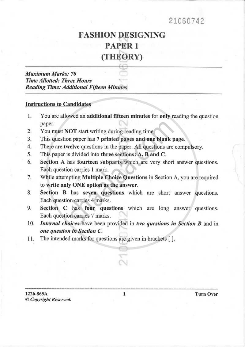Fashion Designing (Theory) 2025-2026 - I.S.C. - Class 12 - CISCE (Council for the Indian School Certificate Examinations) question paper with PDF download