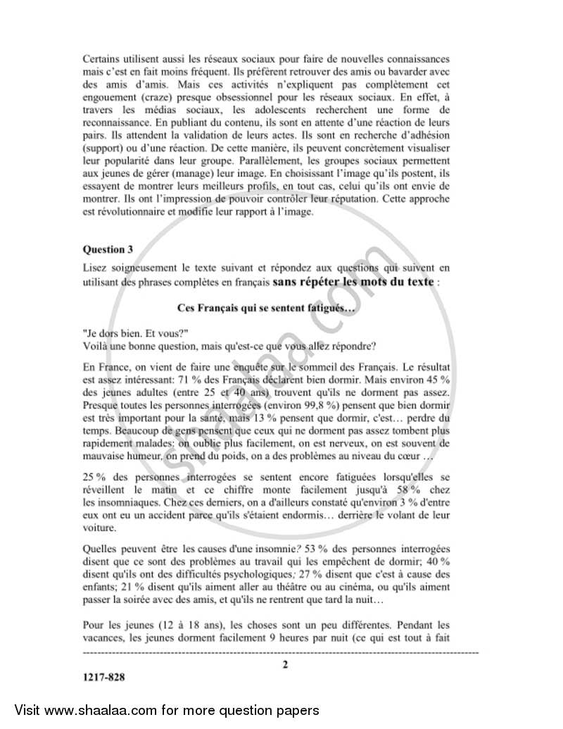 French (Modern Foreign Language) 2016-2017 - I.S.C. - Class 12 - CISCE (Council for the Indian School Certificate Examinations) question paper with PDF download