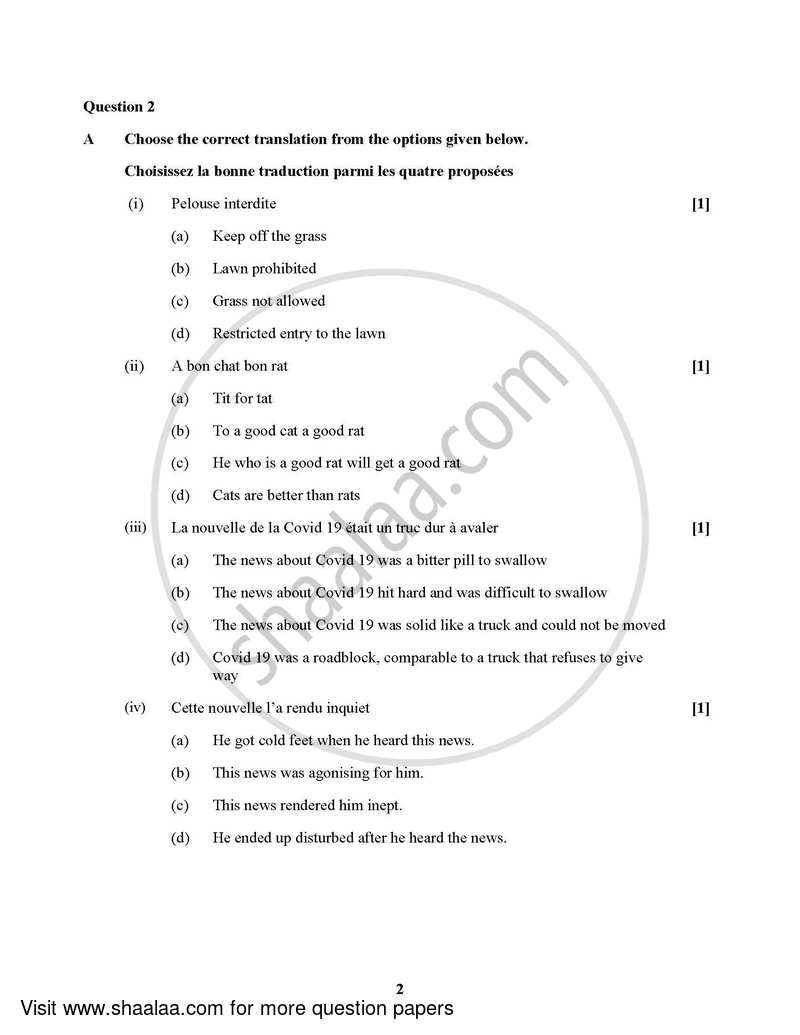 French (Modern Foreign Language) 2021-2022 - I.S.C. - Class 12 - CISCE (Council for the Indian School Certificate Examinations) question paper with PDF download