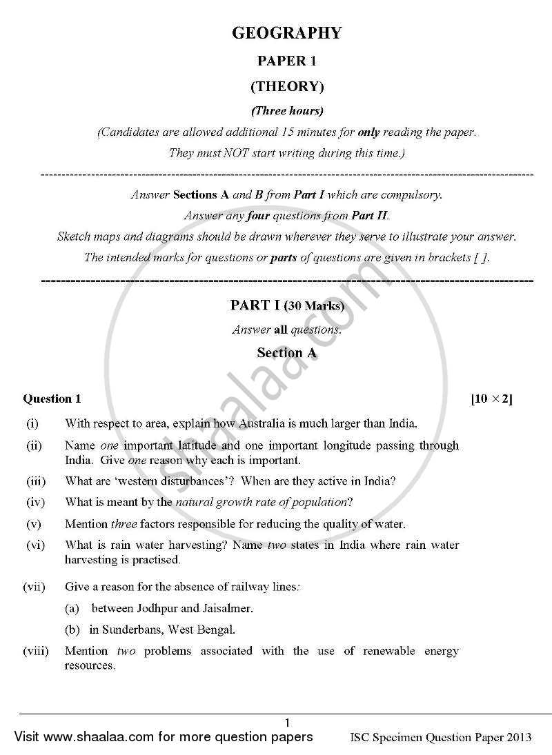 Geography 2012-2013 - I.S.C. - Class 12 - CISCE (Council for the Indian School Certificate Examinations) question paper with PDF download