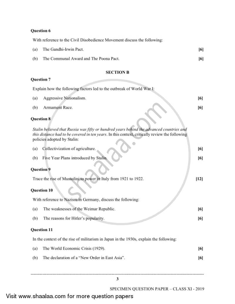 History 2018-2019 - I.S.C. - Class 11 - CISCE (Council for the Indian School Certificate Examinations) question paper with PDF download
