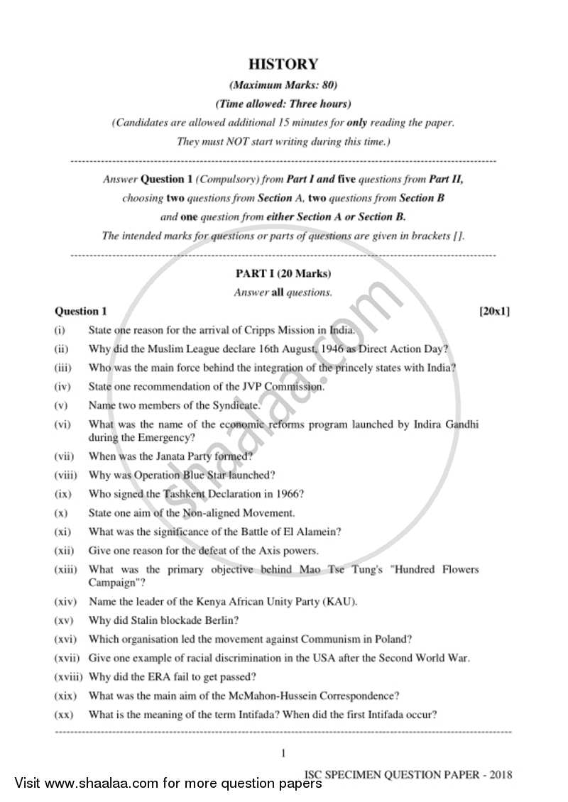 History 2017-2018 - I.S.C. - Class 12 - CISCE (Council for the Indian School Certificate Examinations) question paper with PDF download