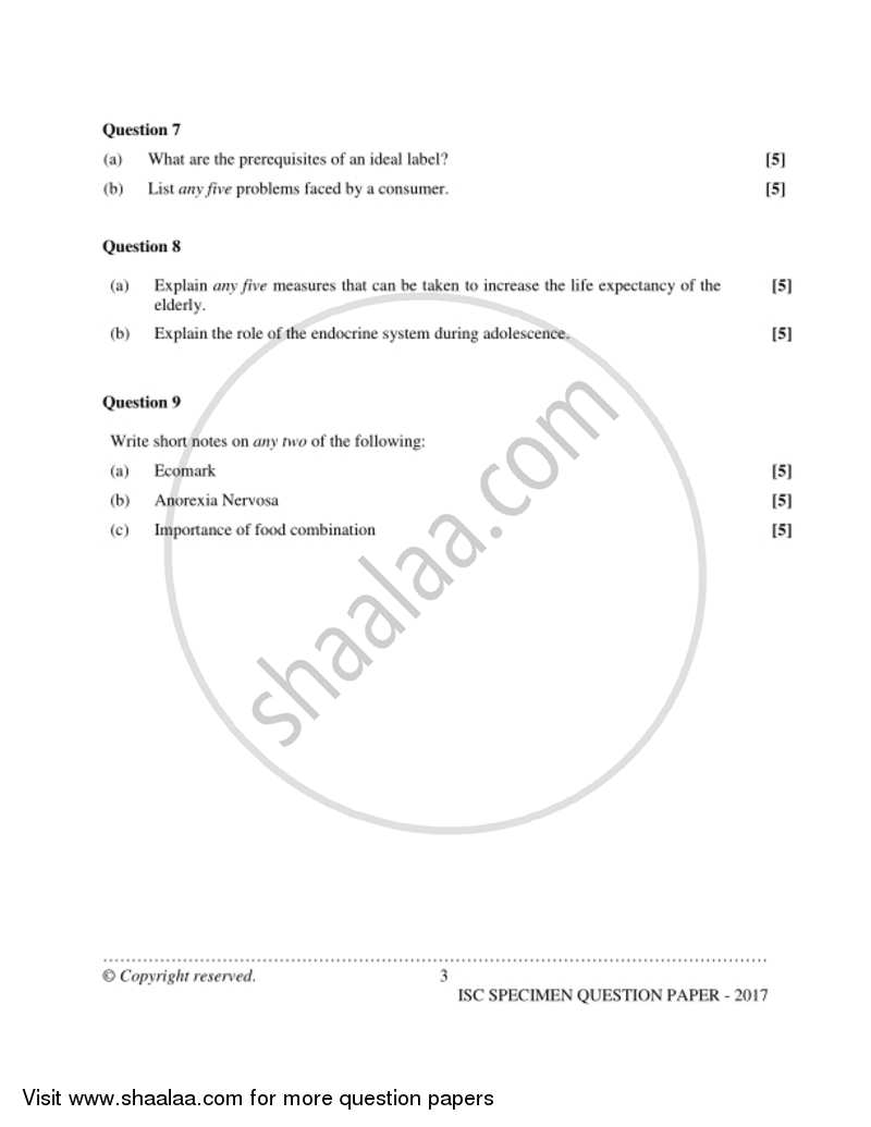 Home Science (Theory) 2016-2017 - I.S.C. - Class 12 - CISCE (Council for the Indian School Certificate Examinations) question paper with PDF download
