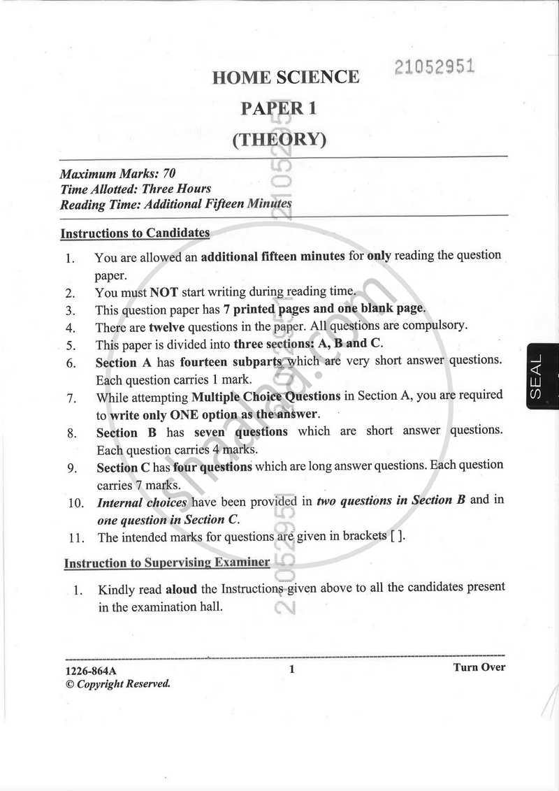 Home Science (Theory) 2025-2026 - I.S.C. - Class 12 - CISCE (Council for the Indian School Certificate Examinations) question paper with PDF download