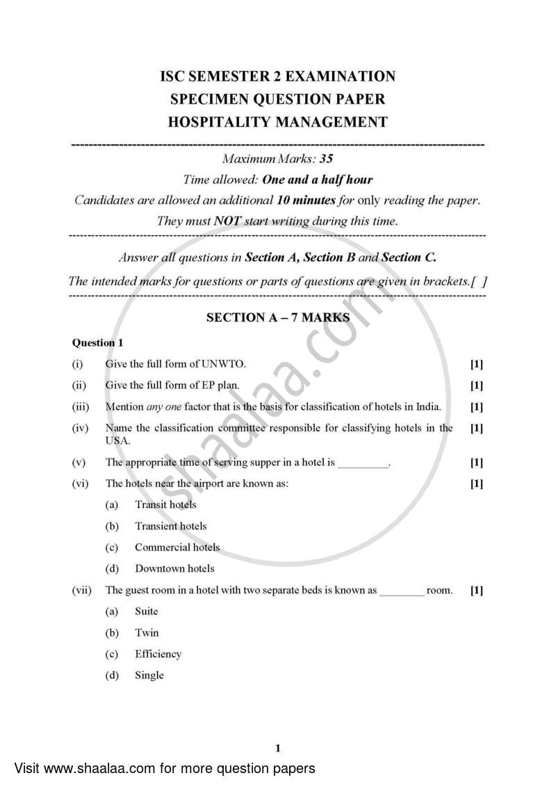 Hospitality Management 2021-2022 - I.S.C. - Class 12 - CISCE (Council for the Indian School Certificate Examinations) question paper with PDF download