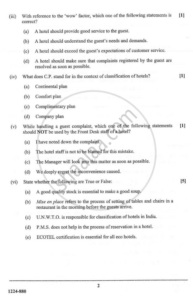 Hospitality Management 2023-2024 - I.S.C. - Class 12 - CISCE (Council for the Indian School Certificate Examinations) question paper with PDF download
