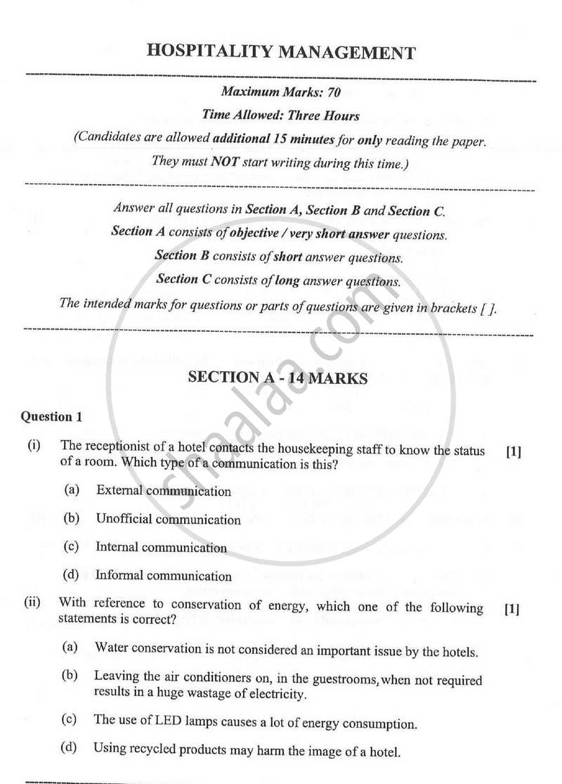 Hospitality Management 2023-2024 - I.S.C. - Class 12 - CISCE (Council for the Indian School Certificate Examinations) question paper with PDF download