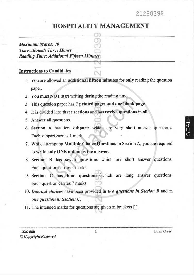 Hospitality Management 2025-2026 - I.S.C. - Class 12 - CISCE (Council for the Indian School Certificate Examinations) question paper with PDF download