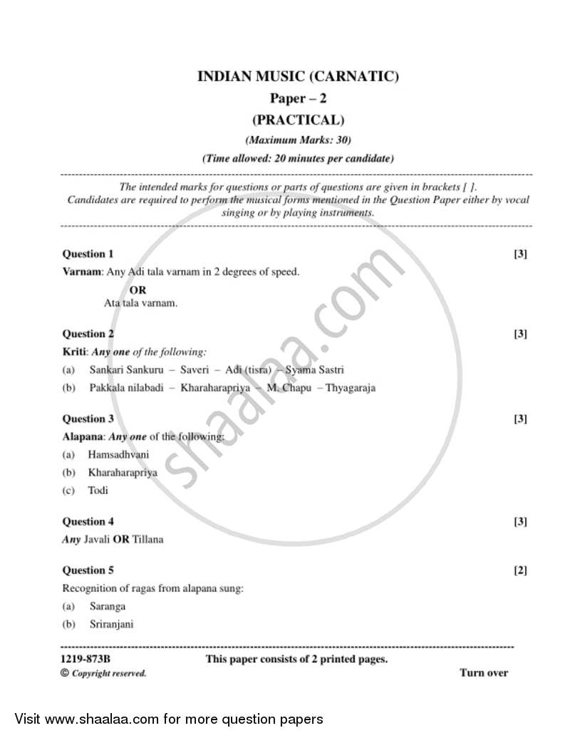 Indian Music - Carnatic (Practical) 2018-2019 - I.S.C. - Class 12 - CISCE (Council for the Indian School Certificate Examinations) question paper with PDF download