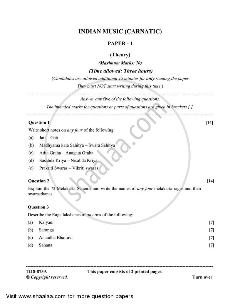 Indian Music - Carnatic (Theory) 2017-2018 - I.S.C. - Class 12 - CISCE (Council for the Indian School Certificate Examinations) question paper with PDF download