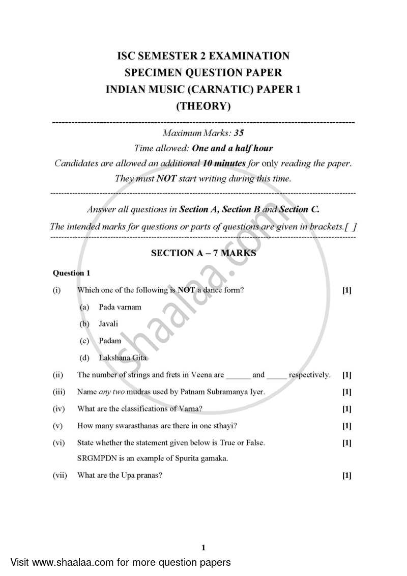 Indian Music - Carnatic (Theory) 2021-2022 - I.S.C. - Class 12 - CISCE (Council for the Indian School Certificate Examinations) question paper with PDF download