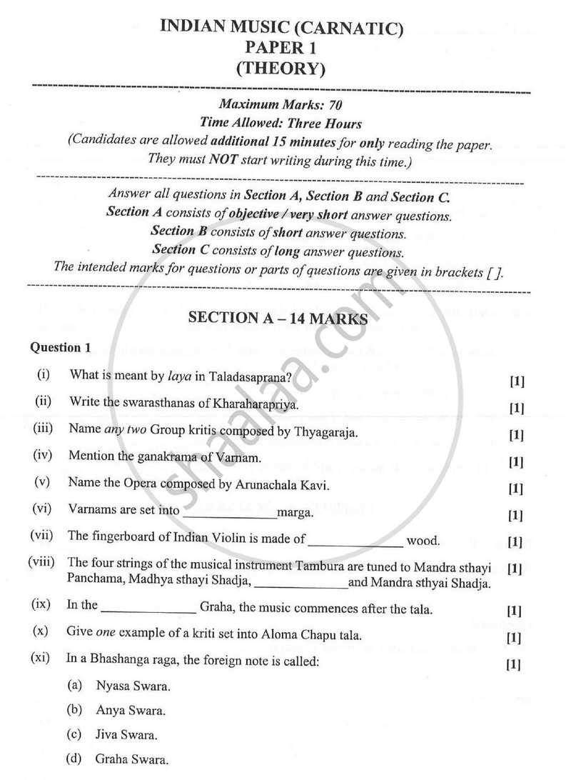 Indian Music - Carnatic (Theory) 2023-2024 - I.S.C. - Class 12 - CISCE (Council for the Indian School Certificate Examinations) question paper with PDF download