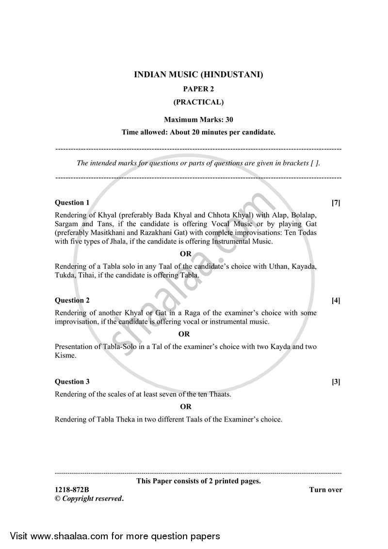 Indian Music - Hindustani (Practical) 2017-2018 - I.S.C. - Class 12 - CISCE (Council for the Indian School Certificate Examinations) question paper with PDF download