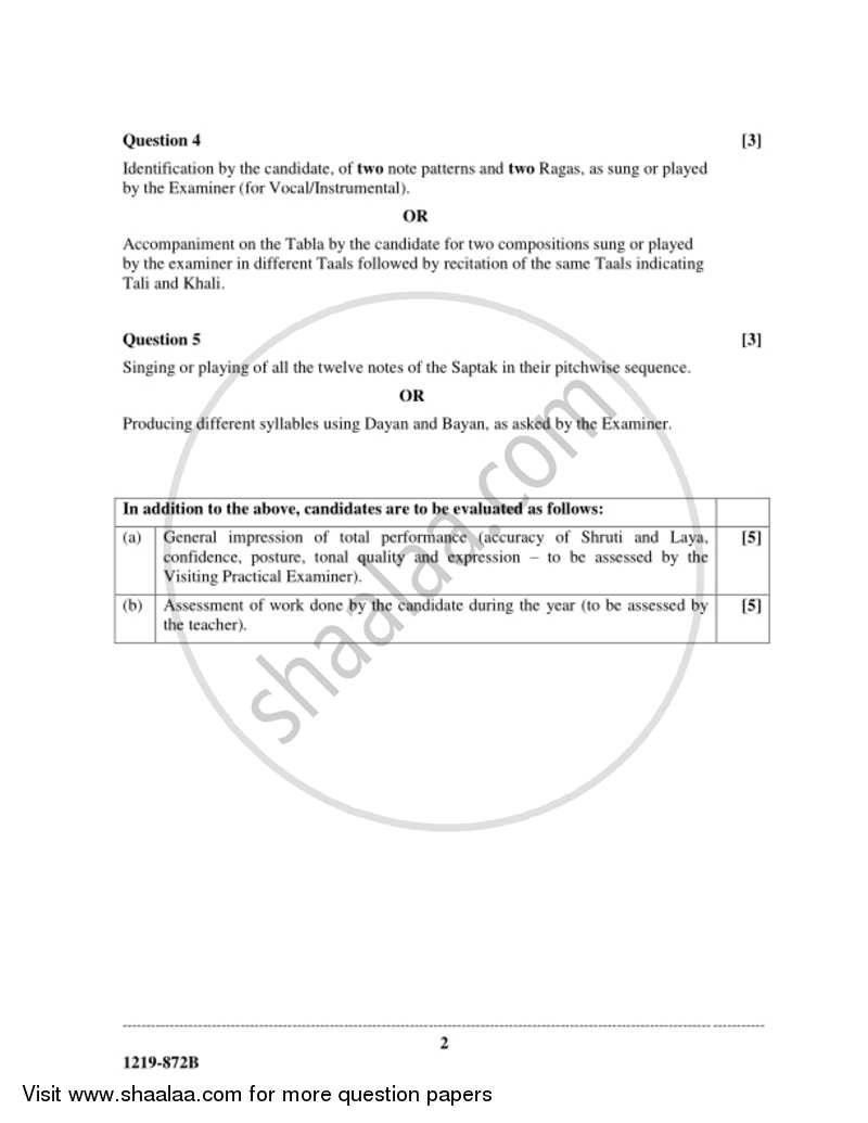 Indian Music - Hindustani (Practical) 2018-2019 - I.S.C. - Class 12 - CISCE (Council for the Indian School Certificate Examinations) question paper with PDF download