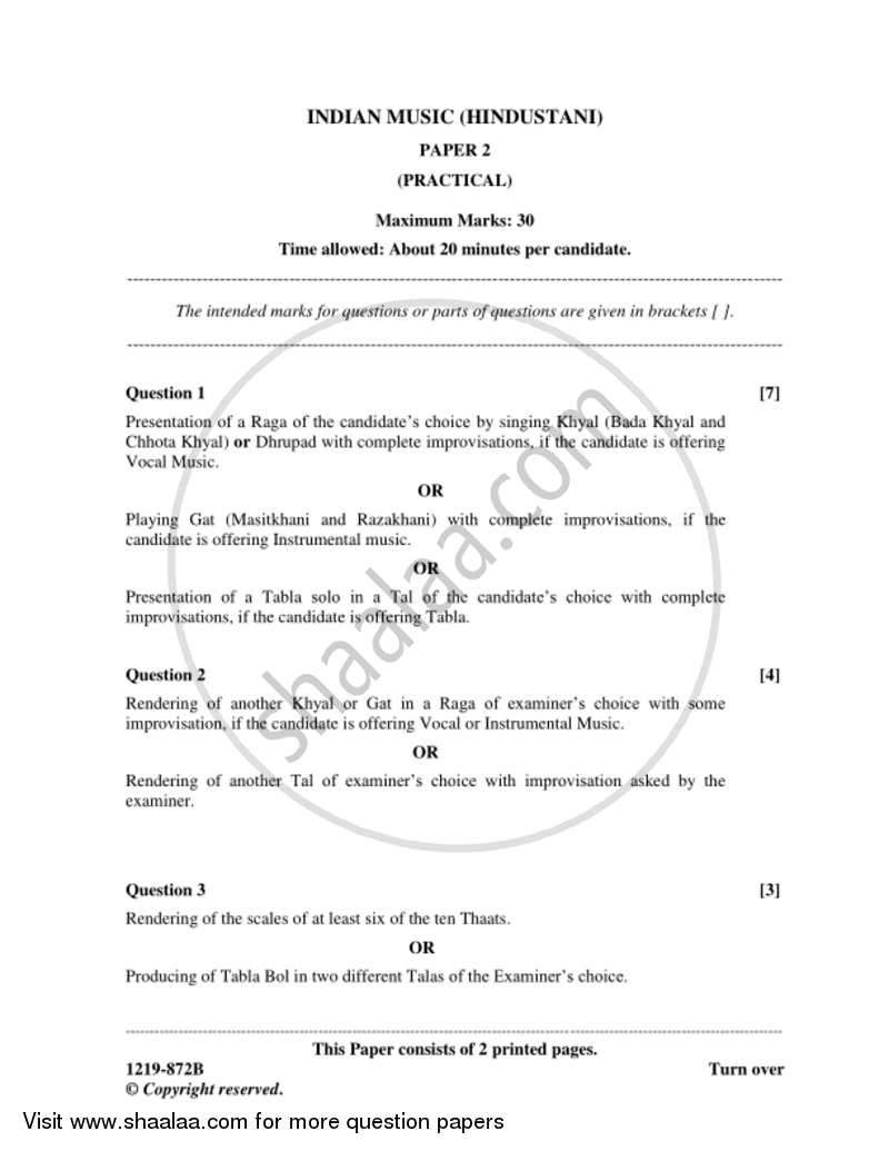 Indian Music - Hindustani (Practical) 2018-2019 - I.S.C. - Class 12 - CISCE (Council for the Indian School Certificate Examinations) question paper with PDF download