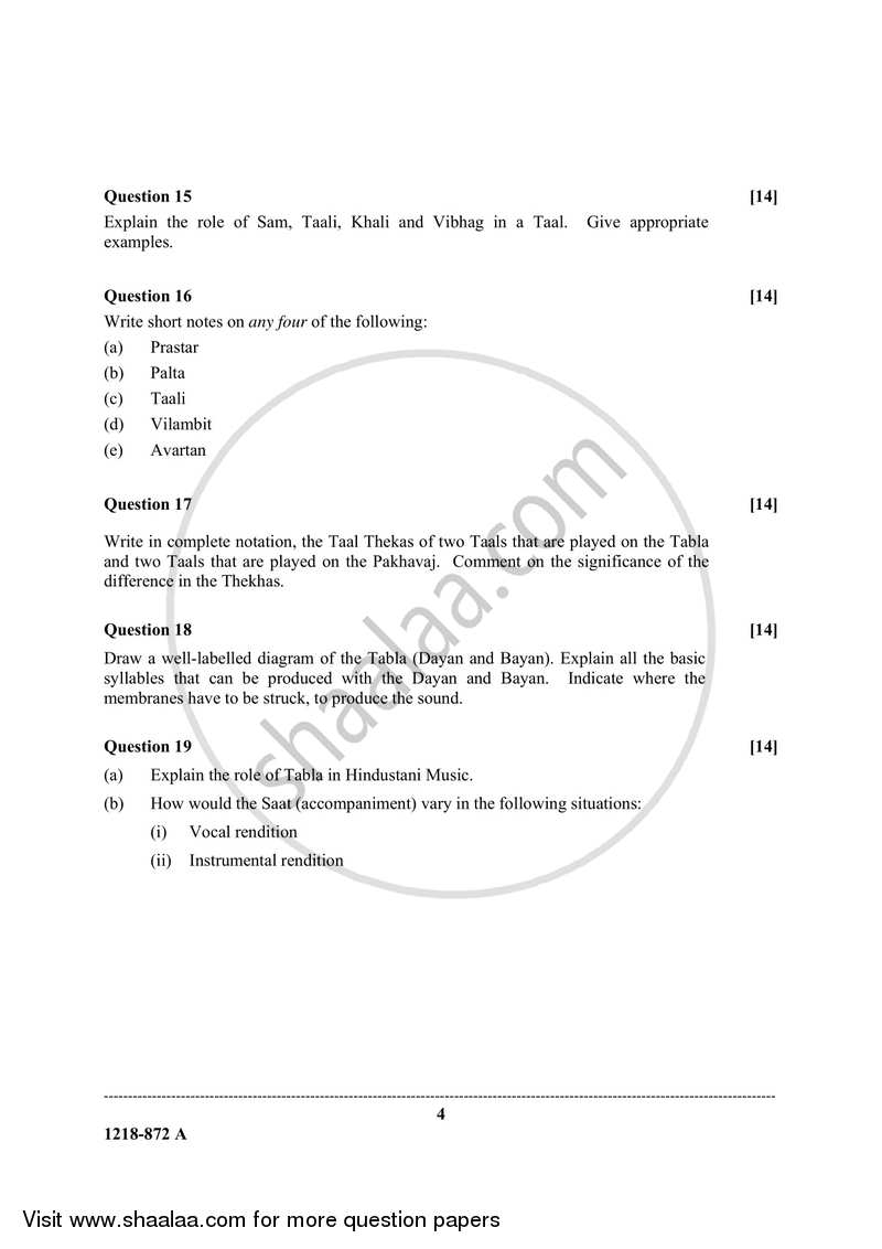 Indian Music - Hindustani (Theory) 2017-2018 - I.S.C. - Class 12 - CISCE (Council for the Indian School Certificate Examinations) question paper with PDF download