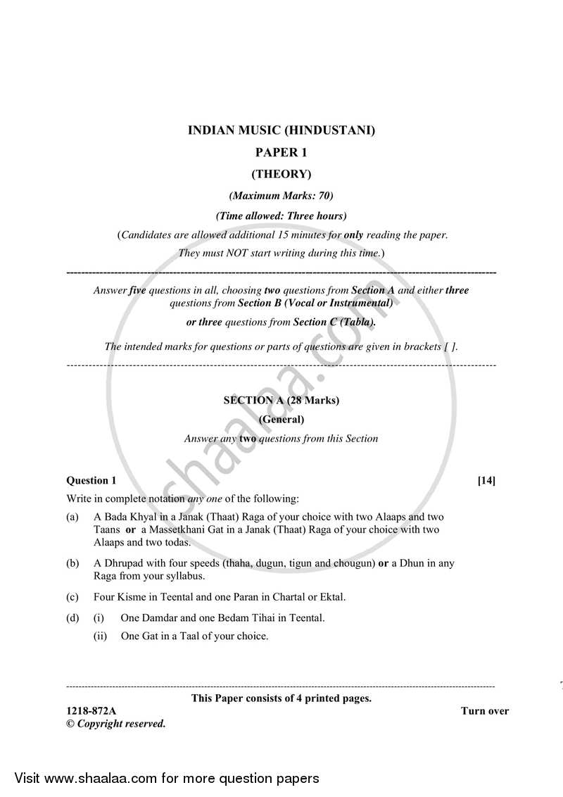 Indian Music - Hindustani (Theory) 2017-2018 - I.S.C. - Class 12 - CISCE (Council for the Indian School Certificate Examinations) question paper with PDF download