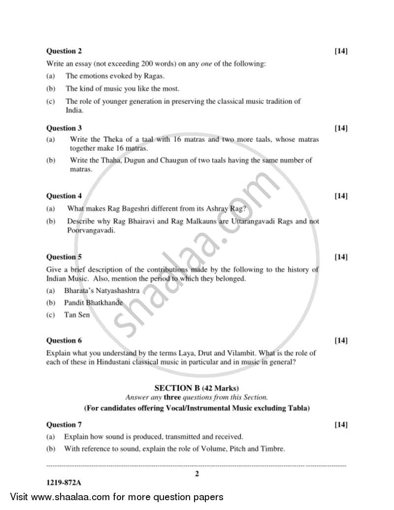 Indian Music - Hindustani (Theory) 2018-2019 - I.S.C. - Class 12 - CISCE (Council for the Indian School Certificate Examinations) question paper with PDF download