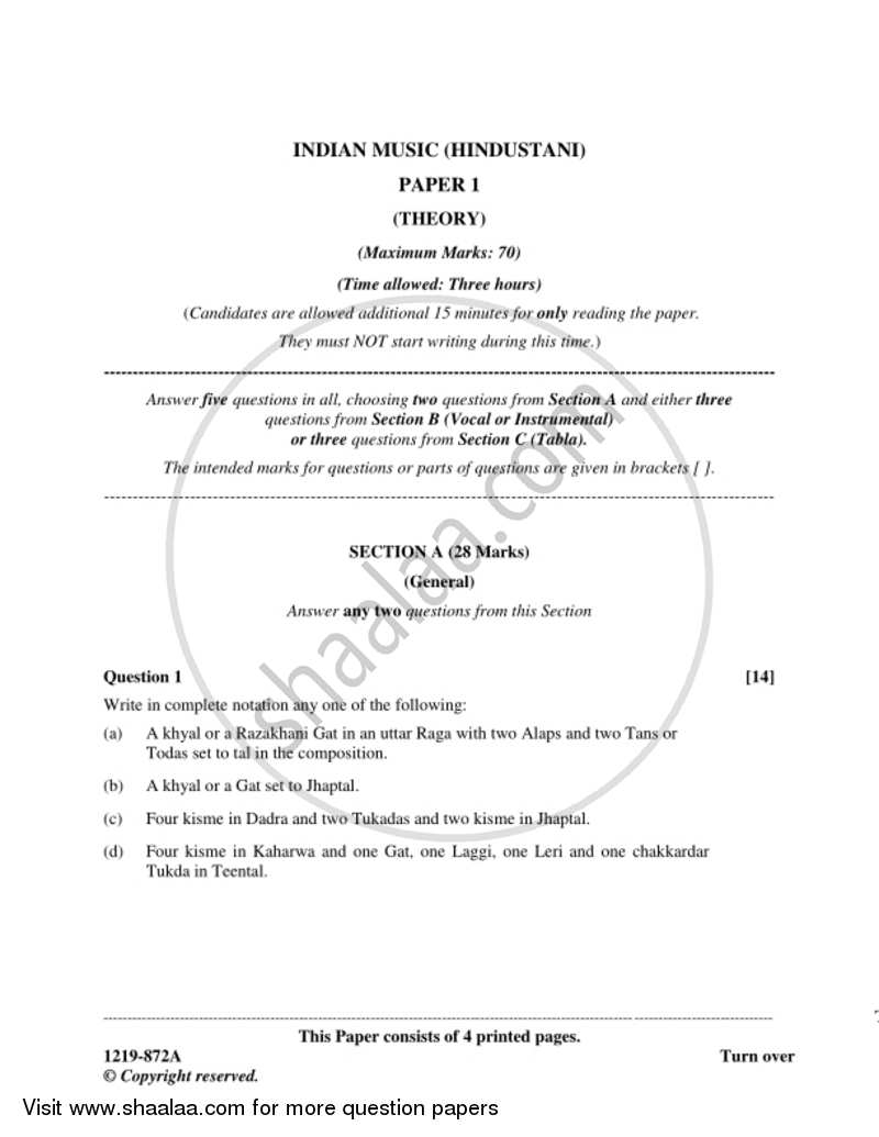 Indian Music - Hindustani (Theory) 2018-2019 - I.S.C. - Class 12 - CISCE (Council for the Indian School Certificate Examinations) question paper with PDF download