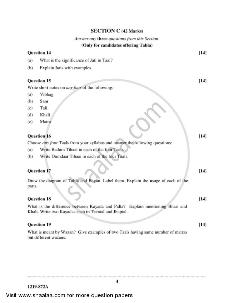 Indian Music - Hindustani (Theory) 2018-2019 - I.S.C. - Class 12 - CISCE (Council for the Indian School Certificate Examinations) question paper with PDF download