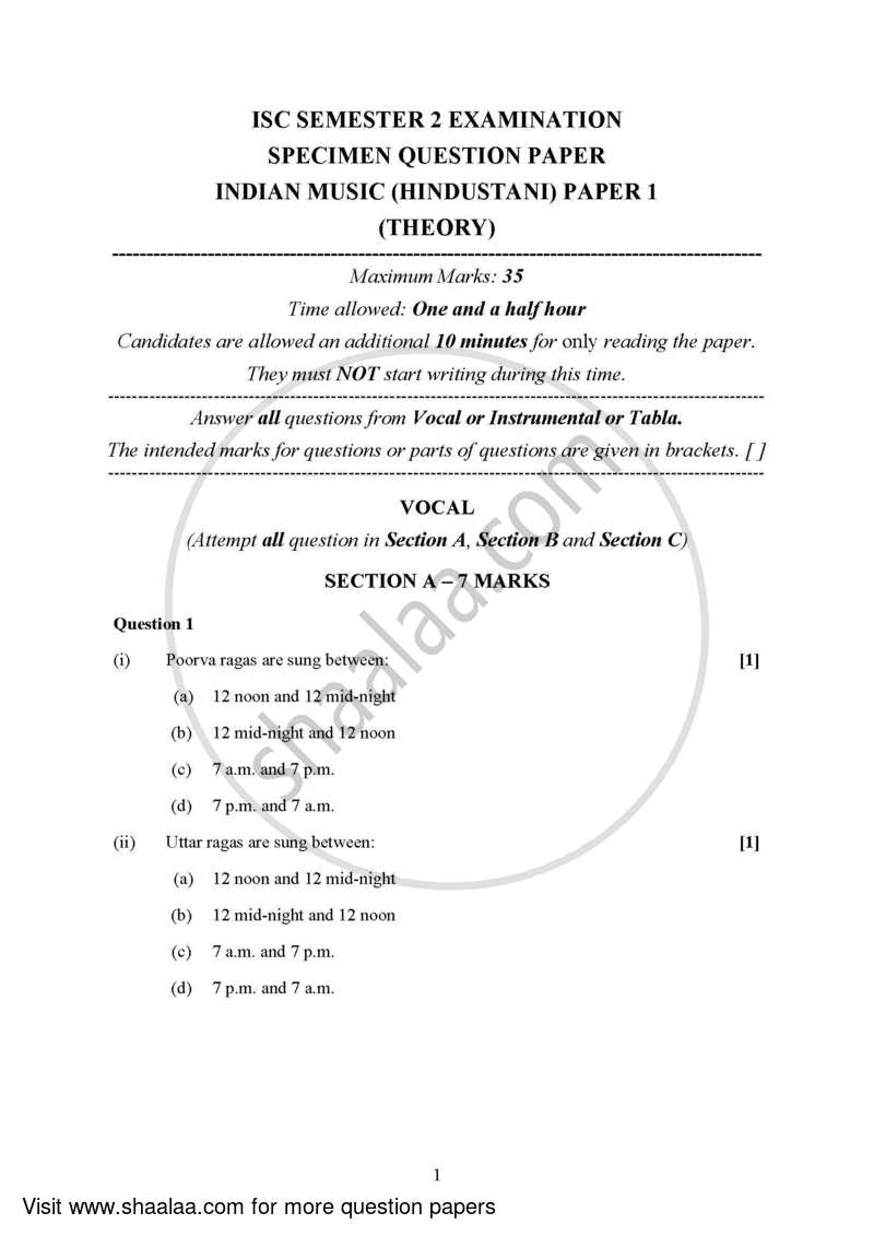 Indian Music - Hindustani (Theory) 2021-2022 - I.S.C. - Class 12 - CISCE (Council for the Indian School Certificate Examinations) question paper with PDF download